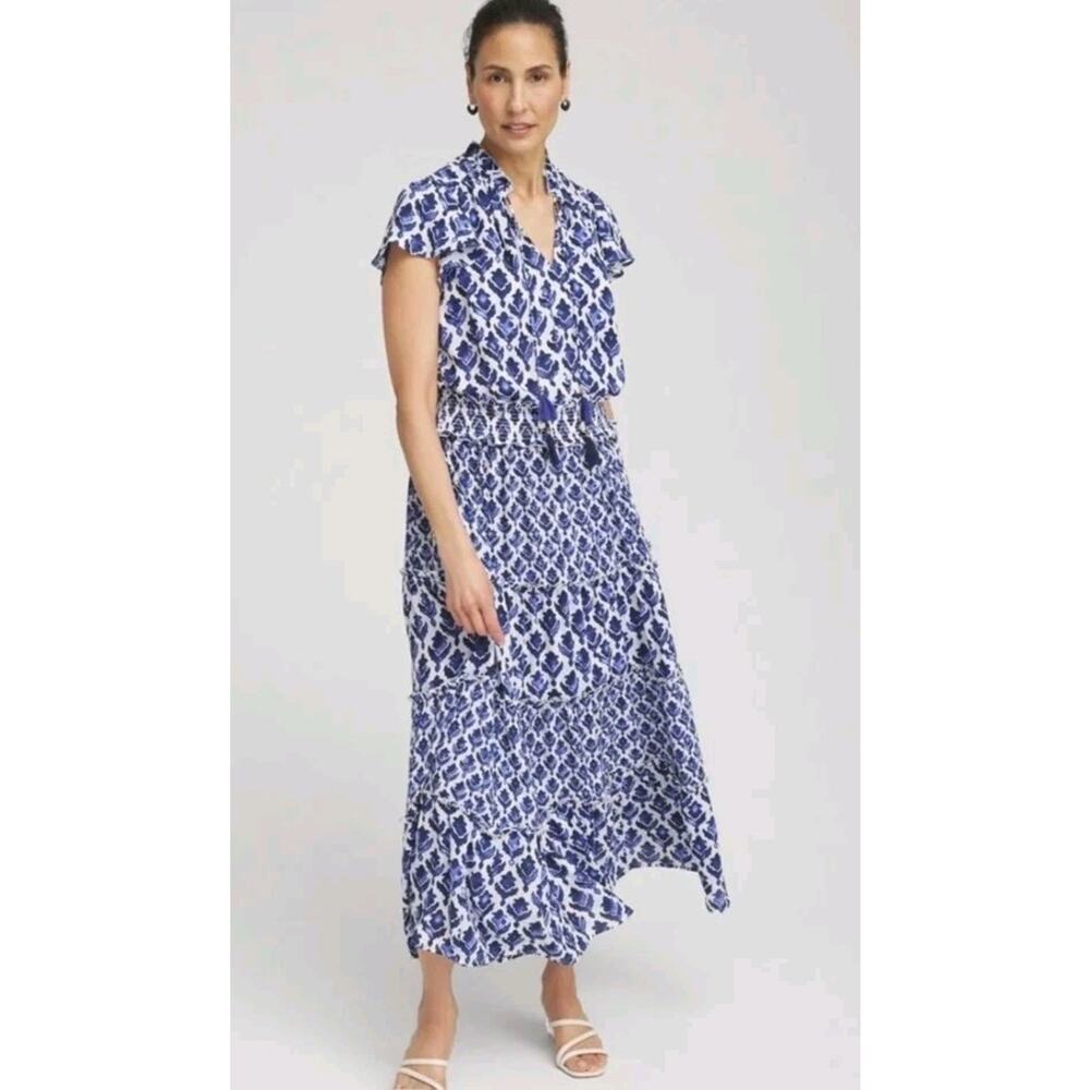 Chico's 3.5 US 18 Blue and White Ikat Maxi Dress Smocked Waist Ruffle Collar